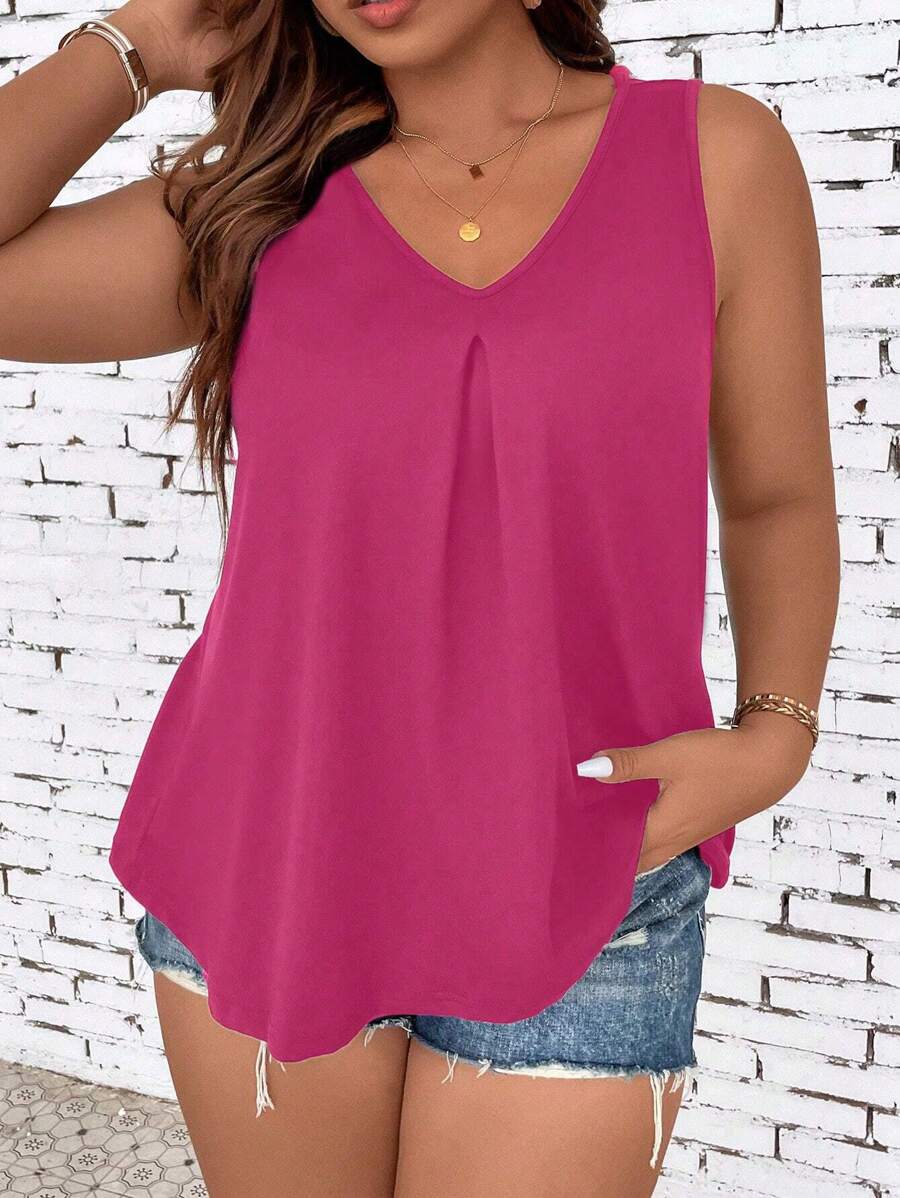 SHEIN LUNE Plus Enfärgat V Hals Linnen - Skrikrosa - Visa 1