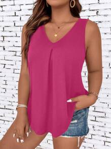 SHEIN LUNE Plus Enfärgat V Hals Linnen - Skrikrosa - Visa 3