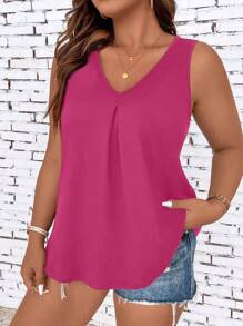 SHEIN LUNE Plus Enfärgat V Hals Linnen - Skrikrosa - Visa 4