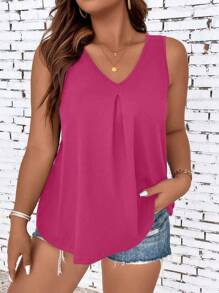 SHEIN LUNE Plus Enfärgat V Hals Linnen - Skrikrosa - Visa 5