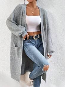 SHEIN Frenchy Áo khoác cardigan thả vai hai túi - Màu Xám nhạt - Xem 2