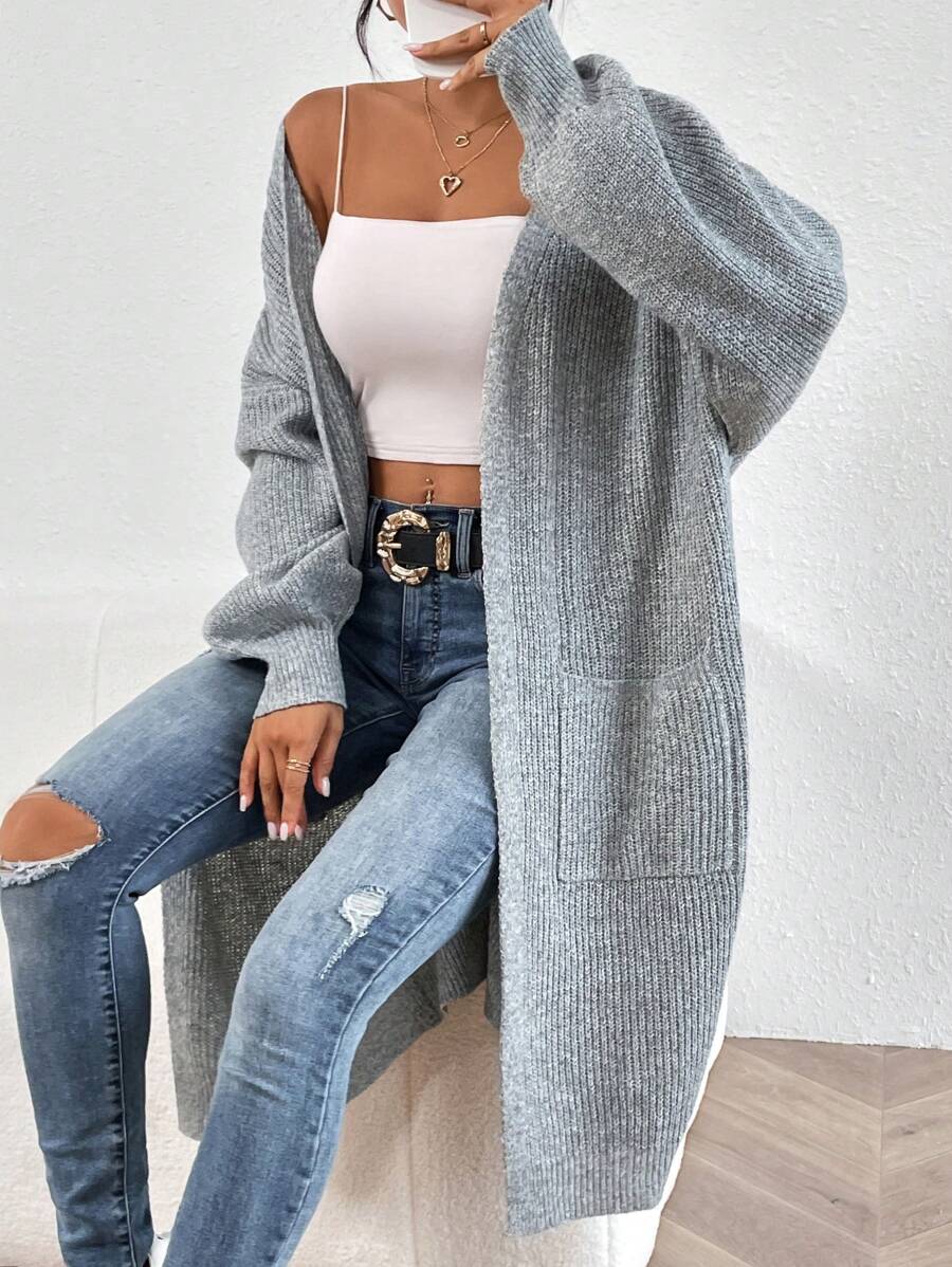 SHEIN Frenchy Áo khoác cardigan thả vai hai túi - Màu Xám nhạt - Xem 1