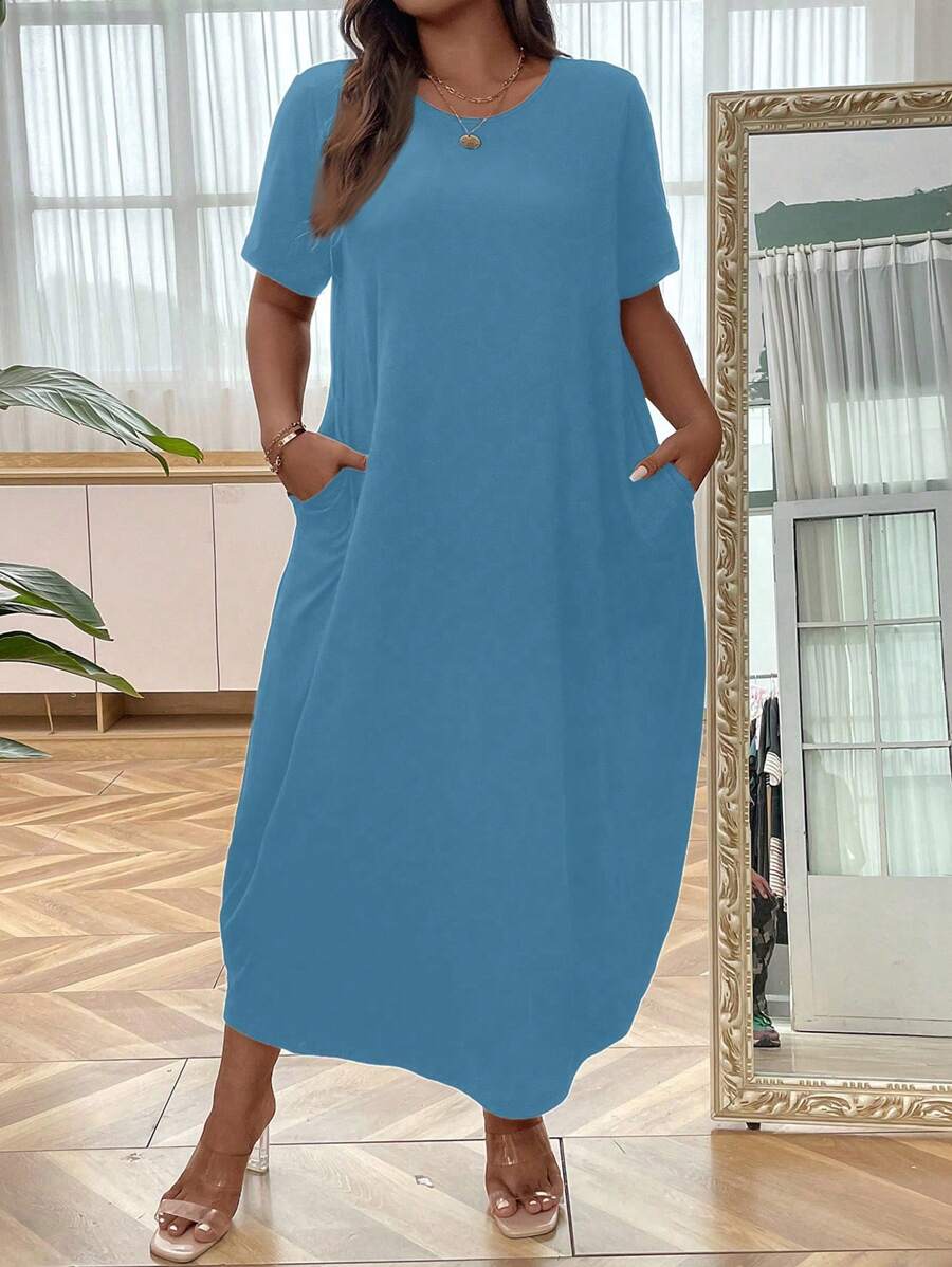 SHEIN LUNE Talla grande Vestido unicolor con bolsillo oculto - Neblina azul - Ver 1