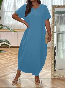 SHEIN LUNE Talla grande Vestido unicolor con bolsillo oculto - Neblina azul - Ver 3