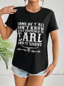 SHEIN LUNE 標語圖案T恤 - 黑色 - 查看 3