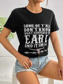 SHEIN LUNE 標語圖案T恤 - 黑色 - 查看 5