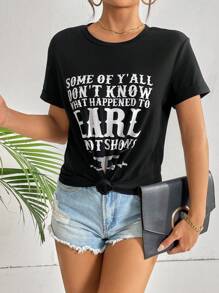 SHEIN LUNE 標語圖案T恤 - 黑色 - 查看 6