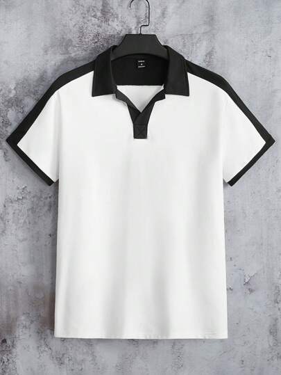 SHEIN 1 件青少年男孩撞色边饰半扣 90 年代拼色都市时尚 Polo 衫，男友礼物；春装；青少年男孩服装；青少年男孩夹克，春季开学