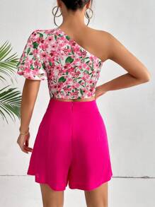 SHEIN Privé Floral Print One Shoulder Puff Sleeve Crop Top & Shorts - Multicolor - View 2