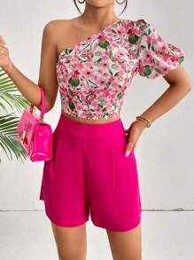 SHEIN Privé Floral Print One Shoulder Puff Sleeve Crop Top & Shorts - Multicolor - View 4