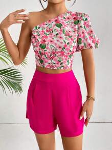 SHEIN Privé Floral Print One Shoulder Puff Sleeve Crop Top & Shorts - Multicolor - View 5
