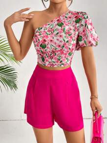 SHEIN Privé Floral Print One Shoulder Puff Sleeve Crop Top & Shorts - Multicolor - View 6