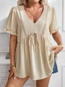 Calvaya 大碼前繫帶泡泡袖前打結荷葉邊下擺襯衫 - 杏色 - 查看 2