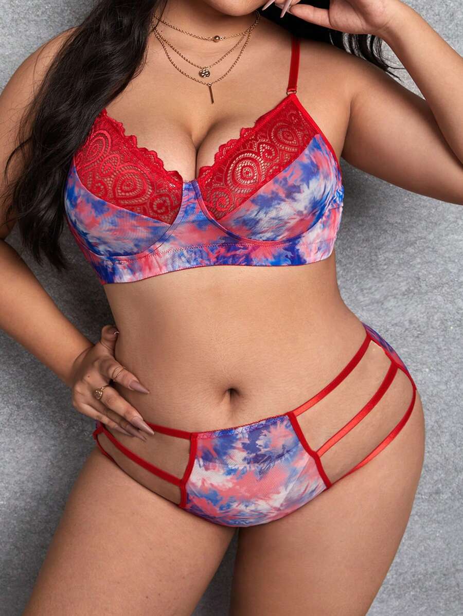 大碼紮染蕾絲拼接鏤空鋼圈內衣套裝 - 彩色 - 查看 1