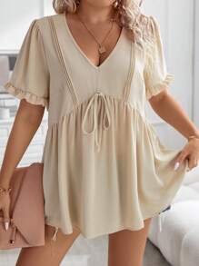 Calvaya 大碼前繫帶泡泡袖前打結荷葉邊下擺襯衫 - 杏色 - 查看 4