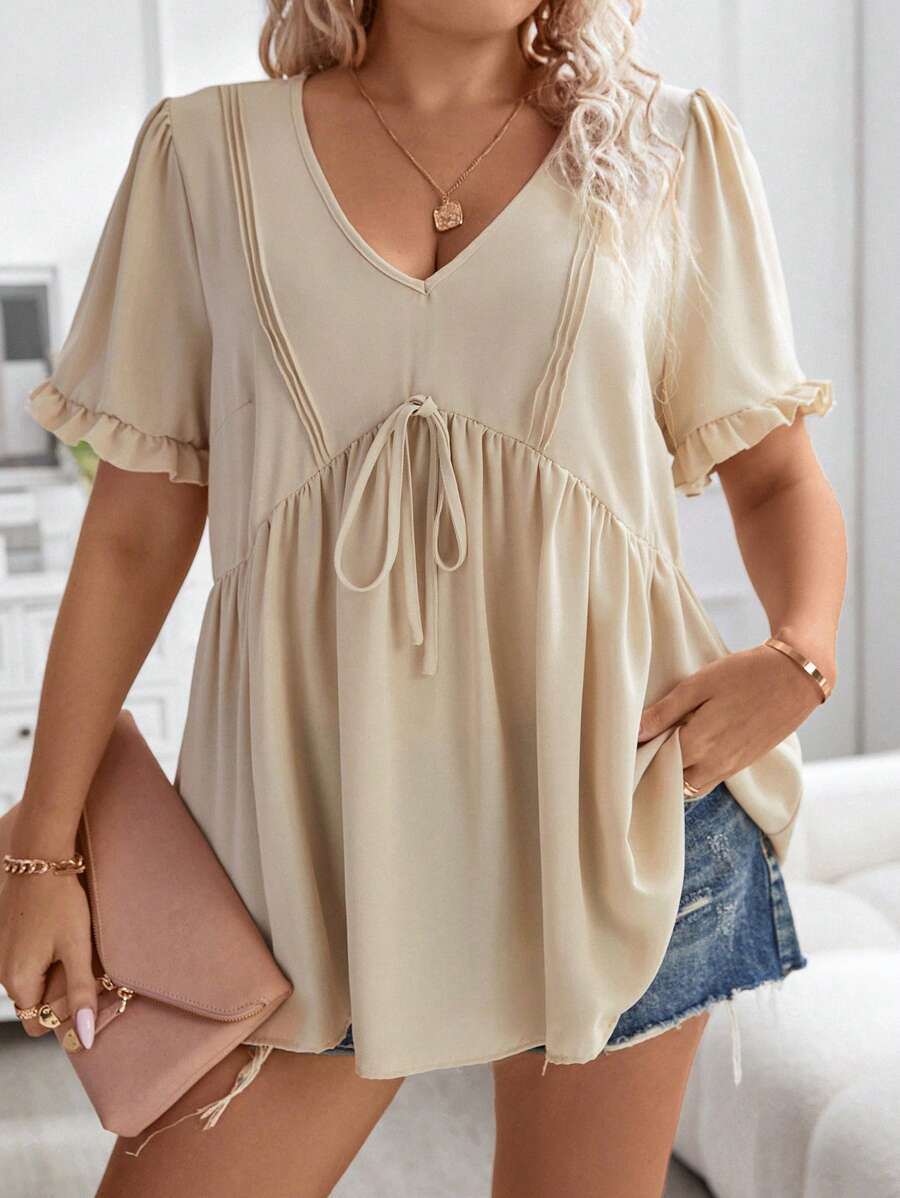 Calvaya 大碼前繫帶泡泡袖前打結荷葉邊下擺襯衫 - 杏色 - 查看 1