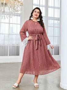 Modelyn 大碼流蘇邊繫腰帶洋裝 - 藕粉色 - 查看 1