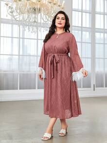 Modelyn 大碼流蘇邊繫腰帶洋裝 - 藕粉色 - 查看 5