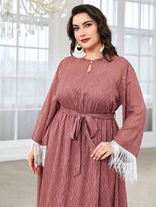 Modelyn 大碼流蘇邊繫腰帶洋裝 - 藕粉色 - 查看 6