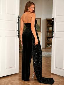 LOVE&LEMONADE 高衩亮片拼接抹胸正式連衣裙 - 黑色 - 查看 2