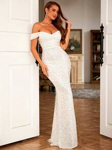 LOVE&LEMONADE Off Shoulder Split Thigh Sequin Formal Dress - White - View 3