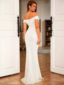 LOVE&LEMONADE Off Shoulder Split Thigh Sequin Formal Dress - White - View 5