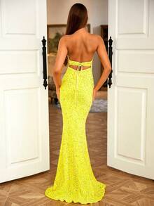 LOVE&LEMONADE 單肩亮片及地正式連衣裙 - 黃色 - 查看 2