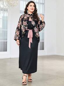 Modelyn Plus Floral Print Lantern Sleeve Belted Jacket & Dress - Multicolor - View 4