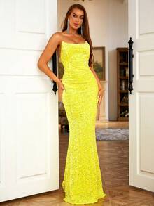 LOVE&LEMONADE 單肩亮片及地正式連衣裙 - 黃色 - 查看 6