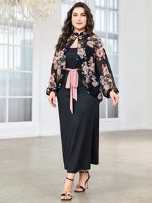 Modelyn Plus Floral Print Lantern Sleeve Belted Jacket & Dress - Multicolor - View 5