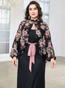 Modelyn Plus Floral Print Lantern Sleeve Belted Jacket & Dress - Multicolor - View 6