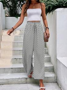 SHEIN Frenchy 滿版印花前打結闊腿褲 - 黑與白 - 查看 1