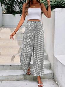 SHEIN Frenchy 滿版印花前打結闊腿褲 - 黑與白 - 查看 3