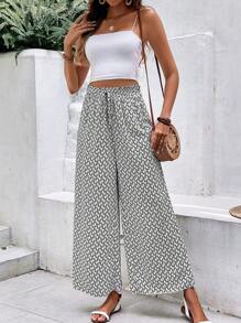 SHEIN Frenchy 滿版印花前打結闊腿褲 - 黑與白 - 查看 5