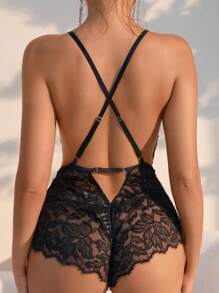 Classic Sexy Floral Lace Criss Cross Backless Teddy Bodysuit