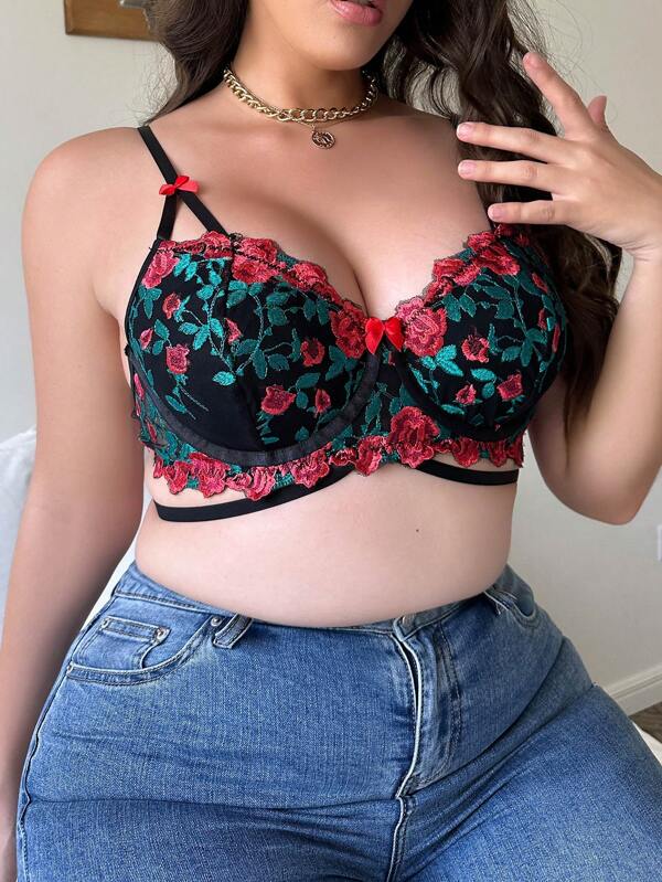 Plus Floral Embroidery Mesh Underwire Bra, Lingerie