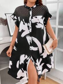 Breezaya Hơn In Đồ họa Ren tương phản tay áo lá sen Đầm - màu đen - Xem 2