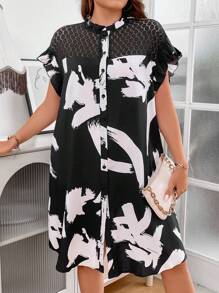 Breezaya Hơn In Đồ họa Ren tương phản tay áo lá sen Đầm - màu đen - Xem 4