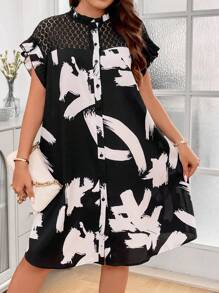 Breezaya Hơn In Đồ họa Ren tương phản tay áo lá sen Đầm - màu đen - Xem 6