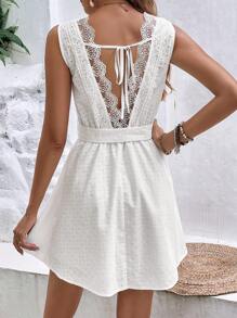 SHEIN Frenchy Ren tương phản Ca-vát Backless Váy có thắt lưng - trắng - Xem 3