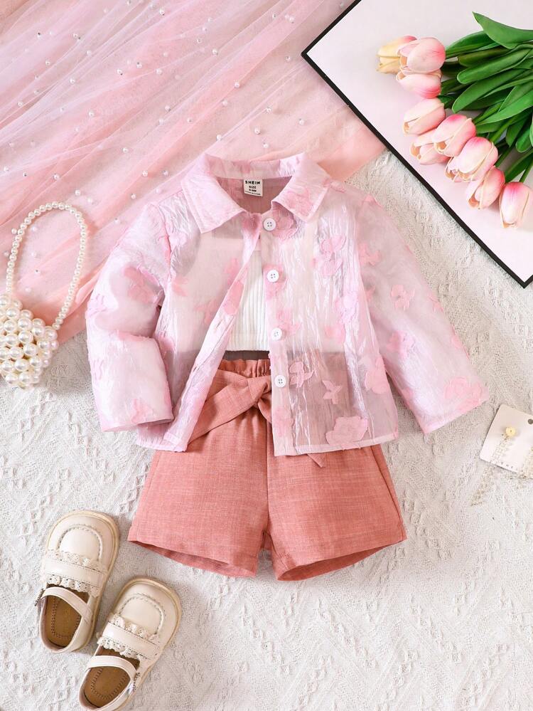 Baby Girl Appliques Shirt & Paperbag Waist Shorts & Cami Top