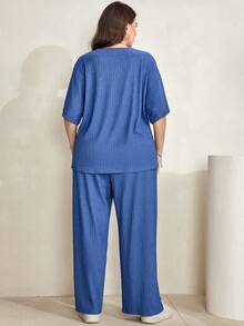 Mulvari Plus Letter Patched Detail Batwing Tee & Split Hem Trousers - Dusty Blue - View 2
