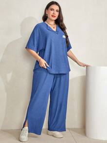 Mulvari Plus Letter Patched Detail Batwing Tee & Split Hem Trousers - Dusty Blue - View 3