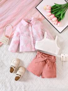 Baby Girl Appliques Shirt & Paperbag Waist Shorts & Cami Top - Multicolor - View 3
