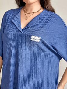 Mulvari Plus Letter Patched Detail Batwing Tee & Split Hem Trousers - Dusty Blue - View 4