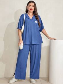 Mulvari Plus Letter Patched Detail Batwing Tee & Split Hem Trousers - Dusty Blue - View 6