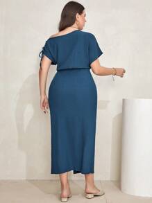 Modelyn 大碼抽繩蝙蝠袖高衩連衣裙 - 水鴨藍 - 查看 2