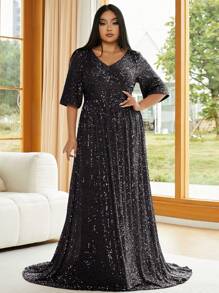 seomiscky Plus V Neck Sequin Floor Length Dress - Black - View 1