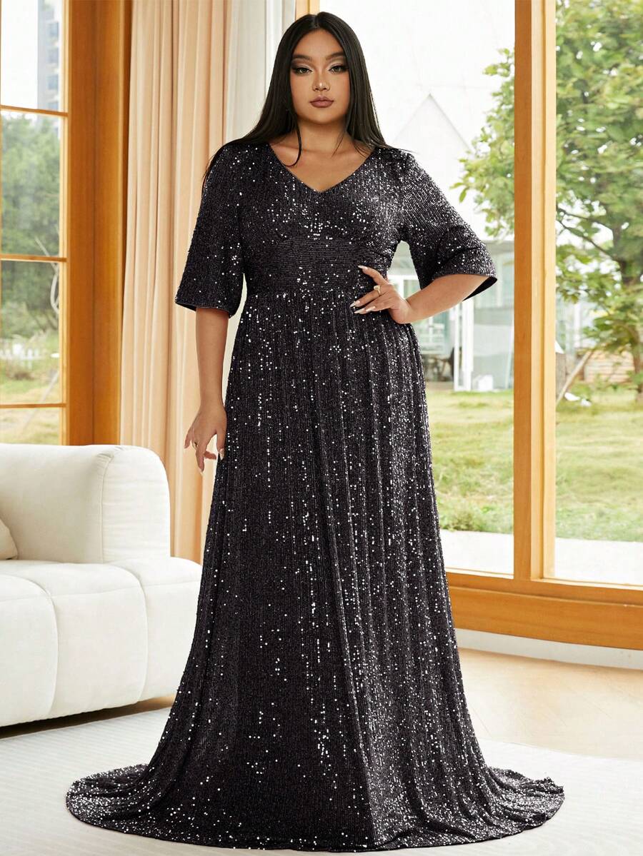 seomiscky Plus V Neck Sequin Floor Length Dress - Black - View 1