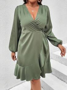 Celure 大碼燈籠袖荷葉邊側繫帶圍裹式洋裝 - 軍綠色 - 查看 1